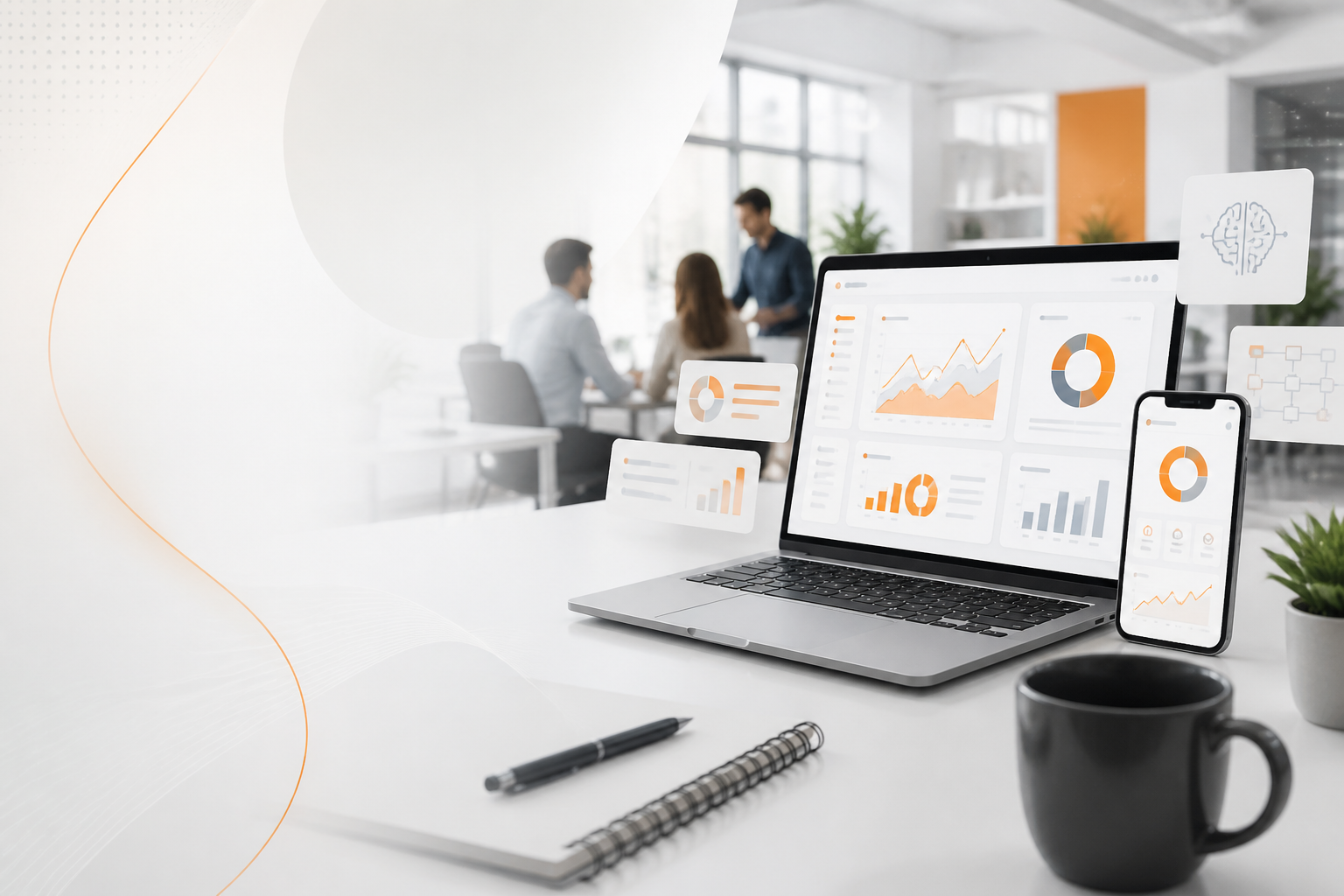 Ambiente profissional com notebook, dashboard e aplicativo mobile da Massoni App